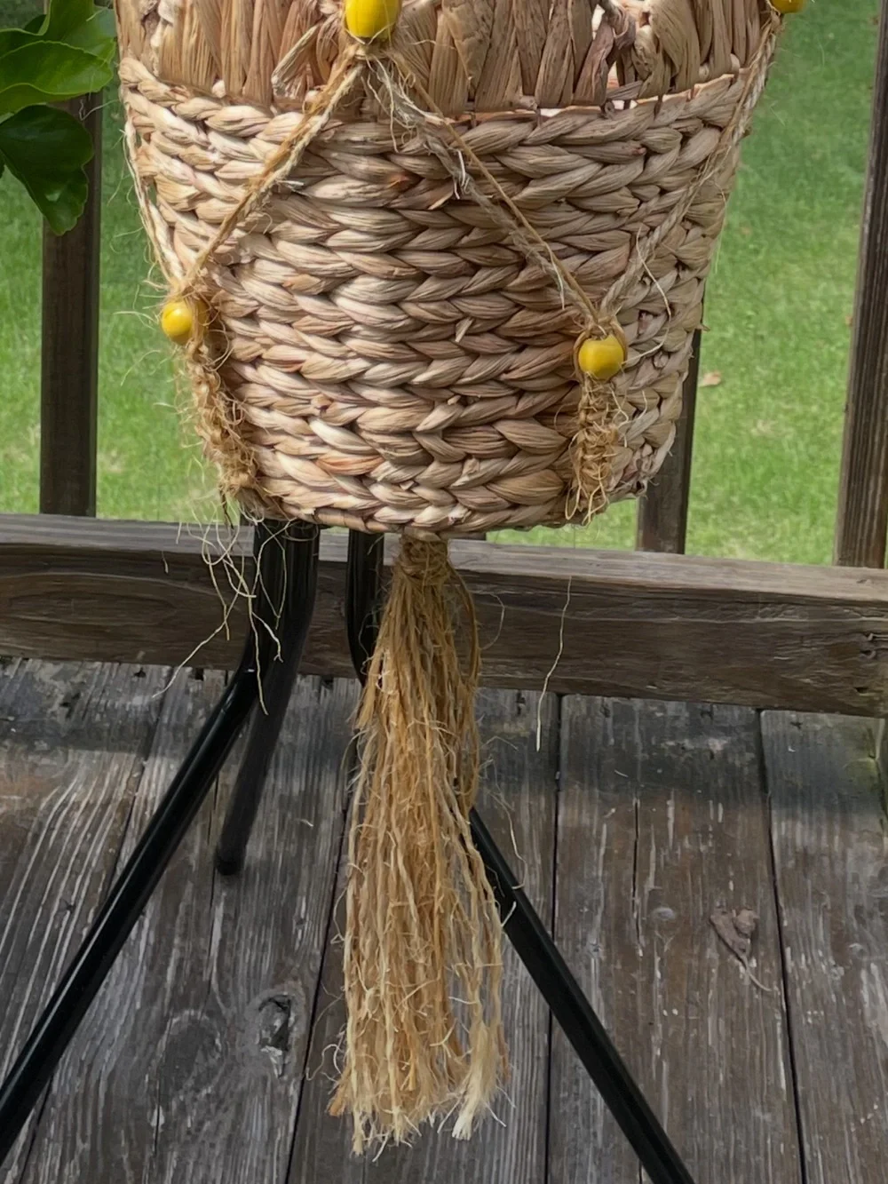 Handwoven Macrame Natural Hanging Planter with Hand-Painted Yellow Bead Accents